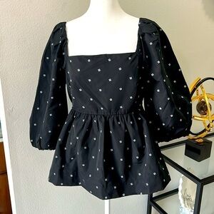 Free Assembly Dressy black and white blouse, big sleeve with elastic hem. Size M